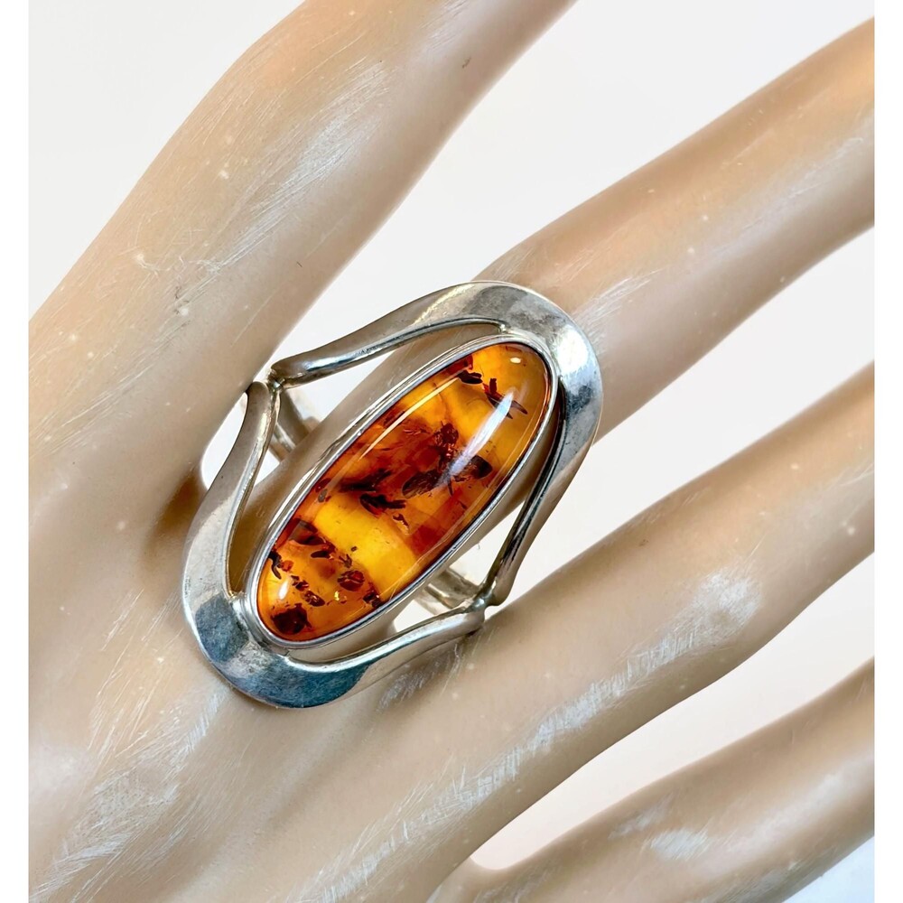 Vintage Amber Ring, Sterling Silver, Mexico, DDD, Cognac Amber, Size 10